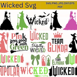 Puede incluir: Una colección de gráficos SVG con temática "Wicked" en varios colores, incluyendo rosa, verde y negro. Los diseños presentan siluetas de brujas, la palabra "Wicked" en diferentes fuentes y frases como "Team Glinda" y "You're gonna be Popular".