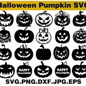 May include: A collection of black and white Halloween pumpkin designs. The pumpkins feature various carved faces, some with text that says "Happy Halloween". The image also includes file type information: SVG, PNG, DXF, JPG, and EPS.