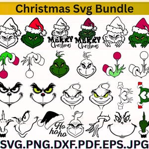 Può includere: Un pacchetto SVG natalizio con vari disegni a tema Grinch. Include volti, mani e cappelli di Babbo Natale del Grinch in verde, rosso e bianco. Il testo "Christmas Svg Bundle" è in alto.