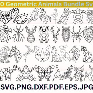 May include: A collection of 70 geometric animal designs in black and white. The designs include various animals such as owls, swans, bears, deer, and butterflies. The image also includes the text "70 Geometric Animals Bundle Svg" and file type extensions.