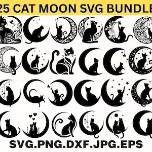 以下が含まれることがあります： 25種類の黒猫と月のSVGデザインのコレクション。各デザインは、三日月の上または近くにいる猫のシルエットを特徴とし、星、花、パターンなどのさまざまな装飾要素があります。「25 CAT MOON SVG BUNDLE」というテキストが上部にあります。