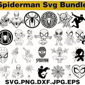 Puede incluir: Una colección de diseños SVG de Spider-Man en blanco y negro. Los diseños incluyen varias poses, ilustraciones de telarañas y la máscara de Spider-Man. El texto "Spider-Man SVG Bundle" está en la parte superior.