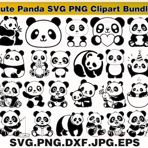Pacchetto di clipart SVG PNG di panda carino / file Cricut di panda / SVG di panda dei cartoni animati / vettore di animali panda / download digitale di clipart di panda