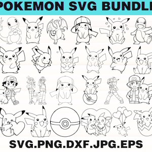 Peut inclure: Ensemble d'images en noir et blanc de personnages Pokémon, dont Pikachu et Salamèche. Le texte "POKEMON SVG BUNDLE" est en haut, avec les extensions de type de fichier en bas.
