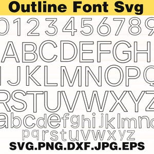 Peut inclure: Police de contour noire et blanche SVG avec des chiffres, des lettres majuscules et minuscules. L'image comprend le texte "Outline Font Svg" en haut et les options de type de fichier: SVG.PNG.DXF.JPG.EPS en bas.