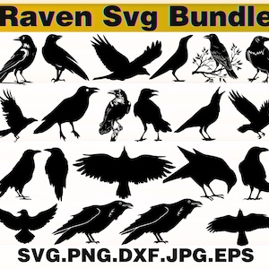 May include: A collection of black raven silhouettes in various poses, including flying, perched, and standing. The text "Raven Svg Bundle" is at the top, with file type extensions at the bottom.