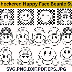 Könnte beinhalten: Schwarz-weiße Grafik verschiedener Smiley-Designs mit Mützen. Einige Gesichter haben Blitze, Sterne oder Herzaugen. Der Text "Checkered Happy Face Beanie SVG" steht oben.