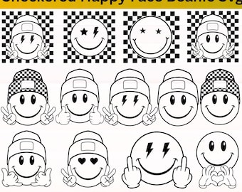 Checkered Happy Face Beanie SVG | Retro Smiley Face Clipart | Peace Sign and Lightning Bolt Eyes PNG | Cricut & Silhouette Cut Files