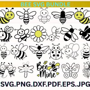 May include: A collection of bee-themed SVG designs in black and white, with yellow accents. The designs include various bee illustrations, a daisy, a ladybug, and the text "Bee Mine". The top banner reads "BEE SVG BUNDLE".