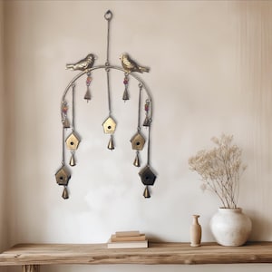 Handmade Metal Birdhouse Wall Hanging: Rustic Garden Decor with Bells