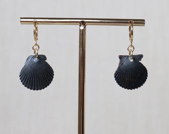 Grey Black Florida Scallop Shell Earrings - 18K Gold Filled