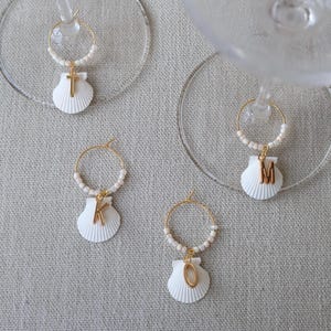 Custom Wine Charm - Florida Scallop Shell (Painted White) and Gold Initial image 1