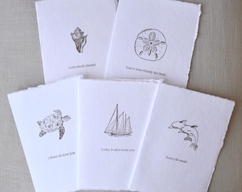 Coastal Greeting Cards - Hand Stamped on Handmade Paper - Seashell - Sand Dollar - Turtle - Sailboat - Dolphin