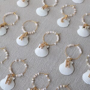 Custom Wine Charm - Florida Scallop Shell (Painted White) and Gold Initial image 3