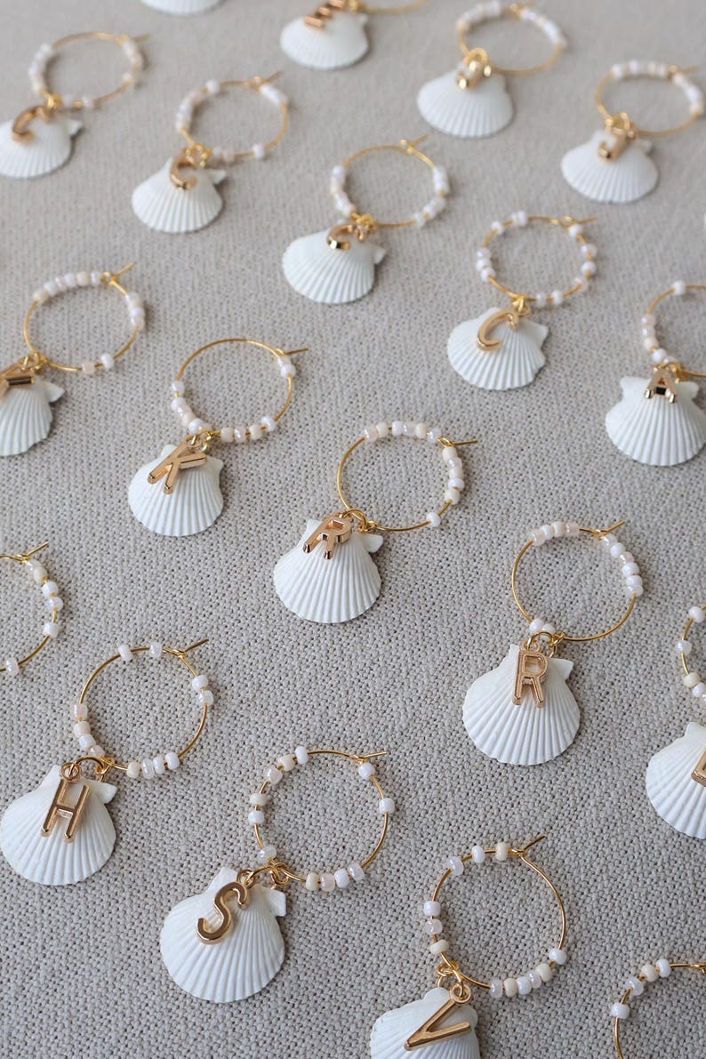 Custom Wine Charm - Florida Scallop Shell (Painted White) and Gold Initial image 3