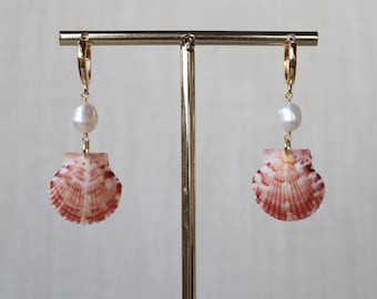 Florida Scallop Shell and Pearl Earrings - 18K Gold Filled