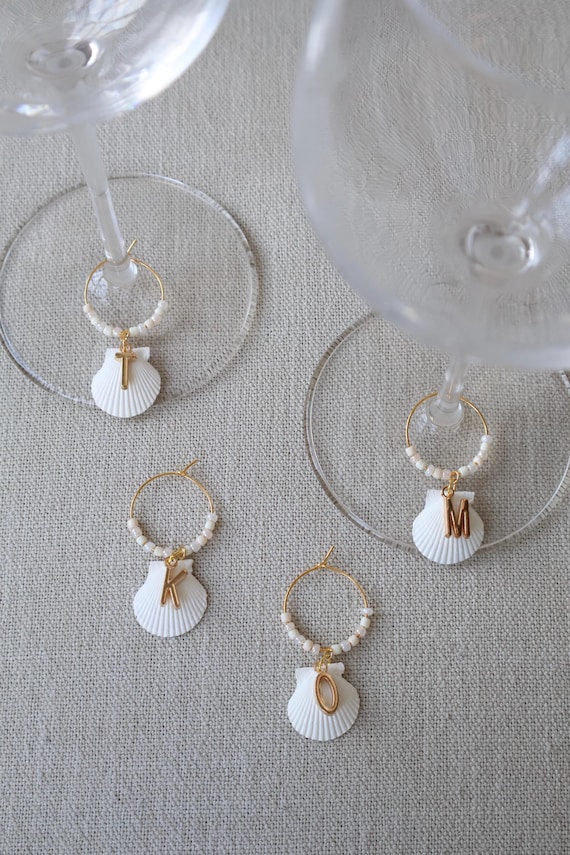 Custom Wine Charm - Florida Scallop Shell (Painted White) and Gold Initial