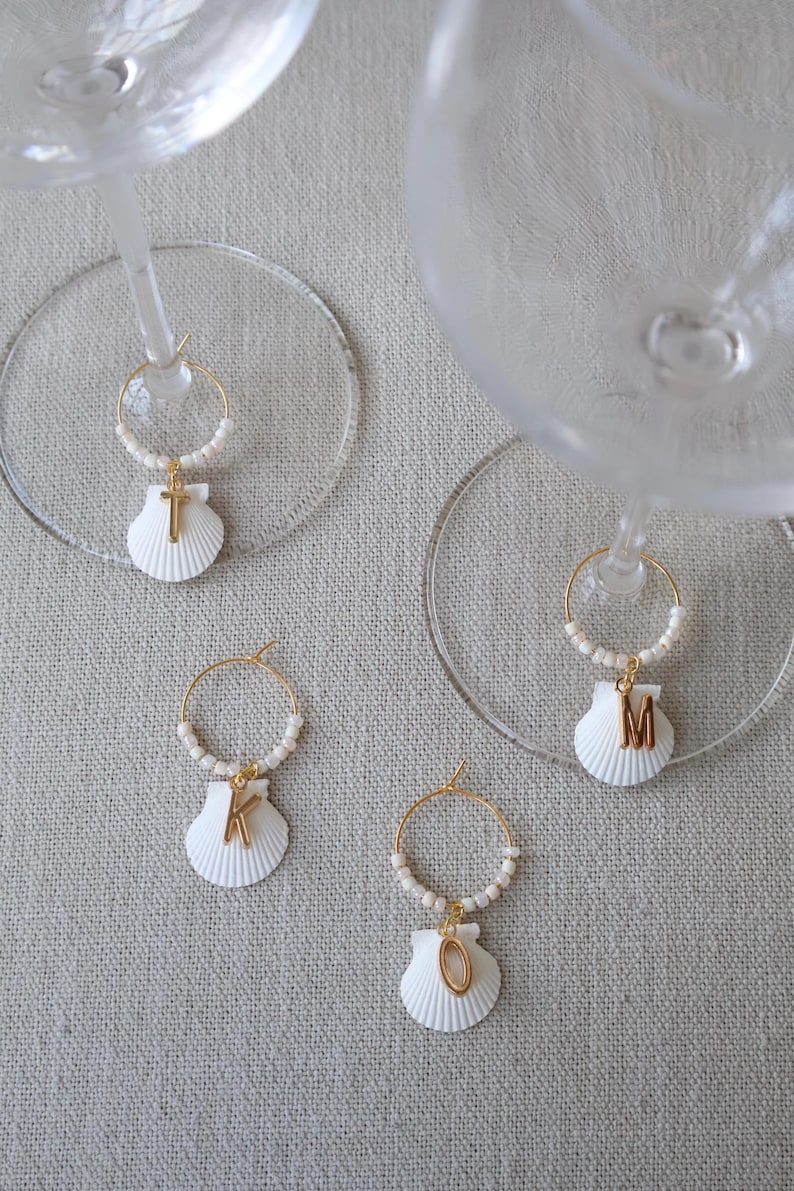 Custom Wine Charm - Florida Scallop Shell (Painted White) and Gold Initial image 1