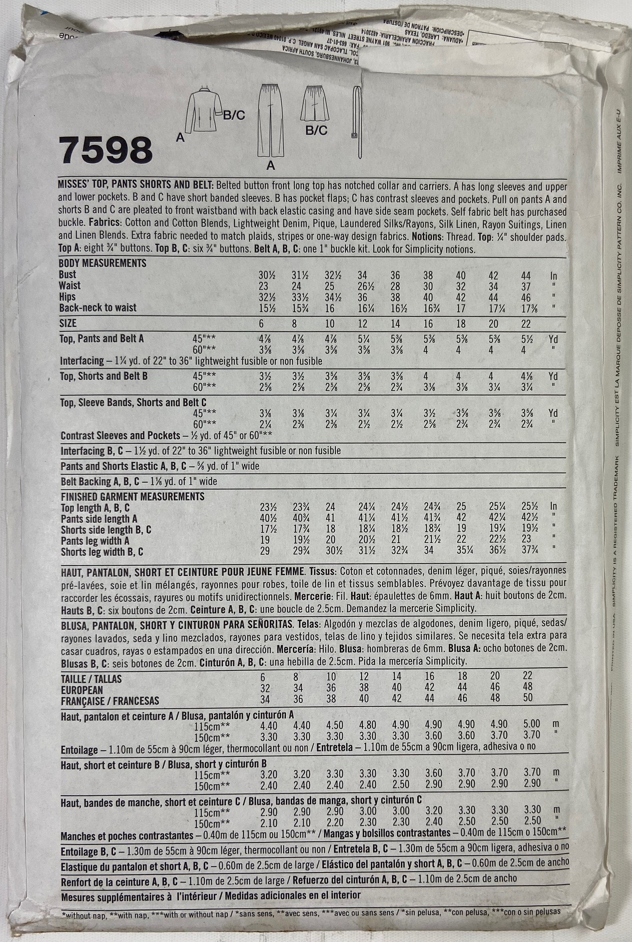 Simplicity 7598 Women's Sewing Pattern Top Pants Shorts Belt 18 - 22 ...