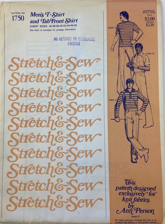 Stretch & Sew 1750 Men's Sewing Pattern T-shirt Tab Shirt 34 48 UNCUT 