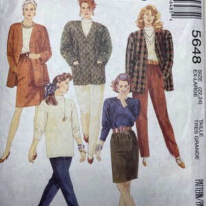 May include: A sewing pattern for a jacket, featuring five different models wearing various styles of jackets. The pattern number is 5648 and the size is extra large (22-24).