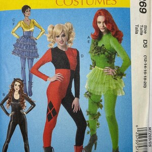 May include: McCall's Costumes sewing pattern M7269. The pattern features illustrations of four different costume designs: a Harley Quinn-inspired jumpsuit, a Poison Ivy-inspired outfit, a Catwoman-inspired catsuit, and a yellow and blue costume. The size is D5 (12-14-16-18-20).