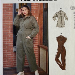 May include: McCall's sewing pattern featuring a jumpsuit design. The pattern includes multiple view options and simple instructions. The image shows a woman wearing a green jumpsuit. The pattern is designed and printed in the USA.