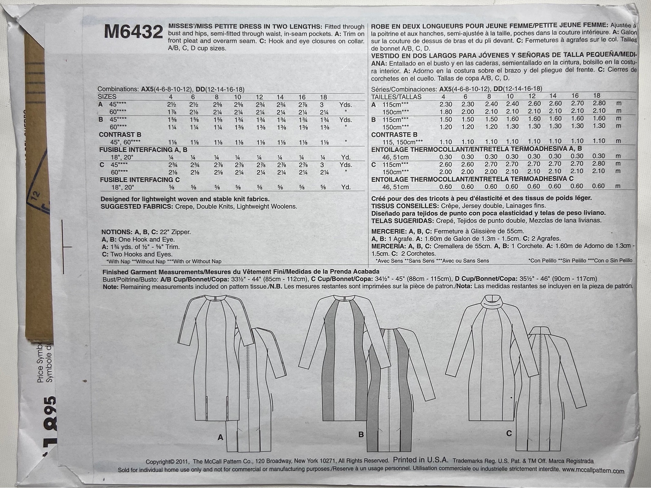 Mccall's 6432 Women's Sewing Pattern Petite Dress Two Lengths 4 - 12 ...