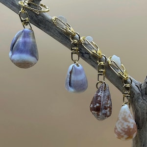 Puede incluir: Cinco llaveros de conchas marinas con cierres dorados cuelgan de un trozo de madera flotante. Las conchas son de varias formas y colores, incluyendo morado, blanco, marrón y beige. Los llaveros se exhiben sobre un fondo neutro.