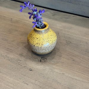 May include: A small, round ceramic vase with a yellow and speckled tan exterior. The vase holds a sprig of purple flowers. The vase is sitting on a wooden surface.