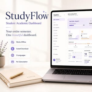 Könnte beinhalten: Ein Laptop zeigt das StudyFlow-Dashboard für Studenten mit Widgets für Notendurchschnitt, Aufgaben und Lernzeit. Der Text auf dem Bildschirm umfasst StudyFlow, Student Academic Dashboard sowie Your entire semester. One beautiful dashboard.