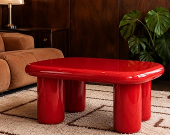 Mesa de centro lacada en rojo brillante – Mesa de diseño moderno con formas redondeadas – Mobiliario contemporáneo para salón