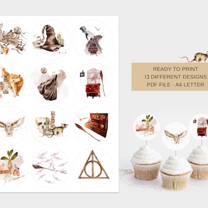 12 Designs, Wizard Birthday Cupcake Toppers, Stickers and Gift Tags 2.5&quot;-  Digital File Print from Home - Party Décor