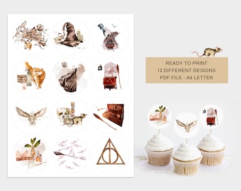 12 Designs, Wizard Birthday Cupcake Toppers, Stickers and Gift Tags 2.5"-  Digital File Print from Home - Party Décor