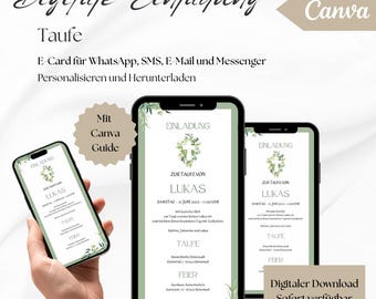 May include: Digital invitation for a baptism, displayed on smartphones. The design features a green and white floral cross, with the name "Lukas" prominently displayed. The text includes details for the event, and the option to personalize and download the invitation.