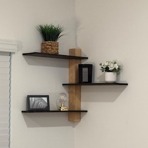 May include: A three-tiered corner shelf unit with dark brown shelves and a light wood support. The shelves hold a potted plant, a framed picture, a light bulb, a black package, and a small white pot with flowers.