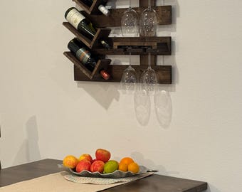 Handcrafted Wooden Wall Wine Rack with Glass Holder – Rustic Home Bar Decor