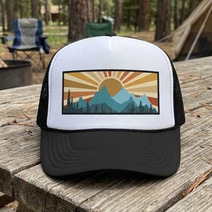Retro Mountain Trucker Hat, Vintage Camping Hat, Mountain Sunrise Snapback Hat, Outdoor Adventure Mountain Two-tone Foam Trucker Cap