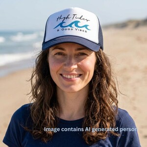 High Tides & Good Vibes Foam Trucker Hat, Retro Summer Hat, Summertime Beach Style Ball Cap, Wave Trucker Hat, Two Tone Trucker Cap