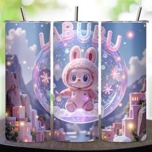 Labubu 20oz Tumbler Wrap PNG, Cute Pink Cartoon Character Tumbler Design, Straight Skinny Sublimation Tumbler Digital Download