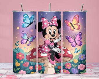 Pink Minnie Mouse Tumbler Wrap | Flowers, Butterflies, 20oz Skinny (PNG Digital Download)