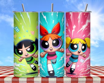May include: Three stainless steel tumblers featuring the Powerpuff Girls. Each tumbler has a different background color: green, teal, and pink. The cartoon characters are in the center of each tumbler, with a straw at the top.