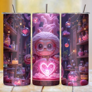 May include: A tumbler with a whimsical design featuring a cartoon creature holding a glowing heart. The background shows shelves with potion bottles and glowing orbs, all in shades of pink and purple.