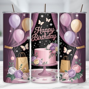 Happy Birthday Tumbler Wrap PNG, Rose Floral 20oz Skinny Tumbler Sublimation Design, Birthday Tumbler PNG Download, Digital Wrap File