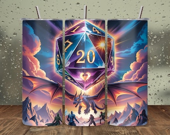 Envoltura para vaso Dragon D20: Diseño de sublimación para RPG de fantasía épica (descarga digital PNG)