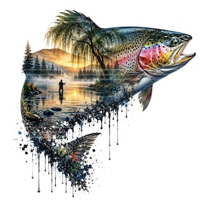 Puede incluir: Una ilustración de trucha arcoíris con un efecto de doble exposición que muestra un paisaje de una persona pescando en un lago al atardecer, rodeada de pinos y un sauce, con detalles de gotas y salpicaduras de tinta negra en la base.