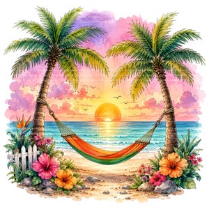 Op de afbeelding: Een aquarelillustratie van een strandscène met twee palmbomen verbonden door een oranje en groene hangmat. De achtergrond toont een zonsondergang boven de oceaan met roze en paarse wolken, terwijl de voorgrond hibiscusbloemen bevat.