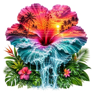 May include: A large hibiscus flower graphic featuring a vibrant sunset with palm trees on the upper petals and a cascading waterfall flowing over the lower teal-colored petals, surrounded by green monstera leaves and smaller tropical flowers.