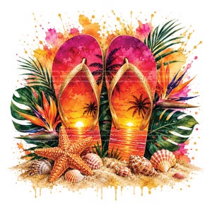 Puede incluir: Un par de chanclas con una vibrante escena de atardecer con palmeras, rodeadas de hojas tropicales de monstera, flores ave del paraíso, una estrella de mar y varias conchas marinas sobre una base de arena con salpicaduras de acuarela.