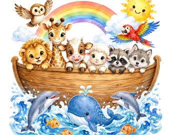 Könnte beinhalten: Eine Aquarellillustration eines Holzbootes, gefüllt mit einem Cartoon-Löwen, einer Giraffe, einer Kuh, einem Schaf, einem Waschbären und einem Wolf. Eine Eule fliegt darüber, Sonne und Regenbogen sind im Hintergrund zu sehen.